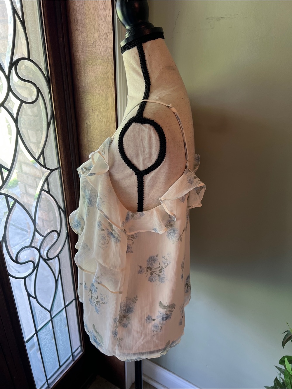 LOFT White Ruffle Floral Camisole with Blue Print - Picture 5 of 9